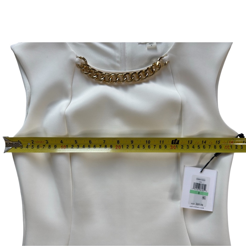 NWT Calvin Klein Cream Sleeveless Sheath Dress Gold Chain Office Bride Evening 8 - Picture 6 of 9